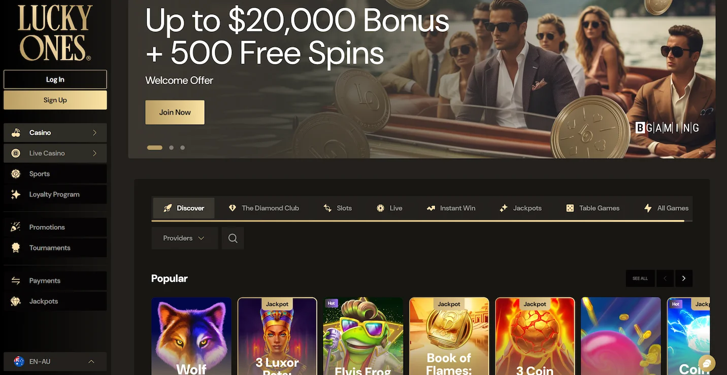 LuckyOnes casino homepage showing welcome offer, popular online pokies and site main navigation